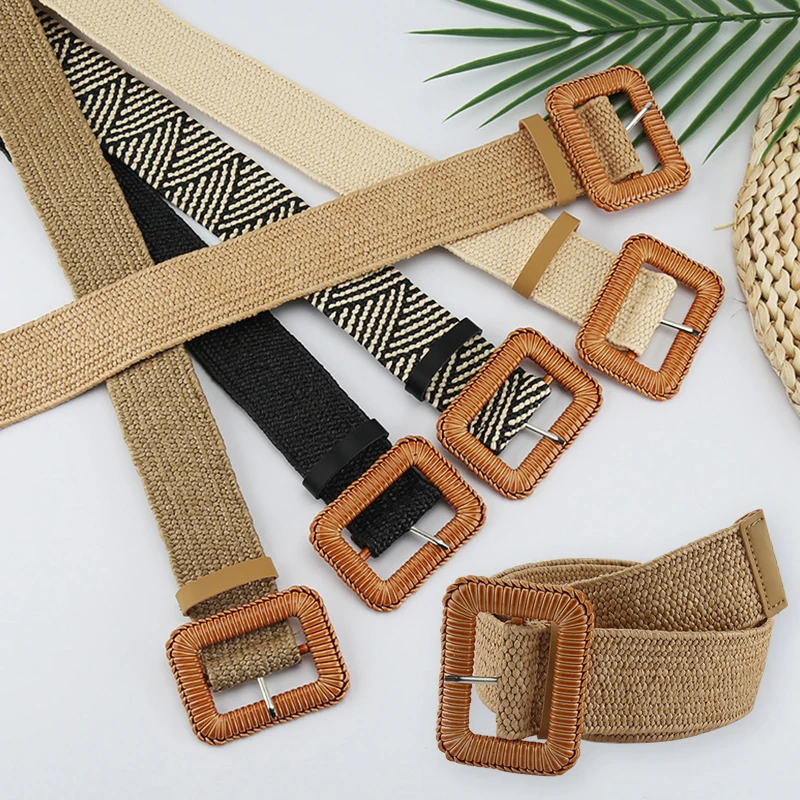 2022 New Bohemian Waist Belt Weave Fake Straw Belt Square Buckle Waistbands Decorative Straw Braided Belt PP Grass Knitting Wide