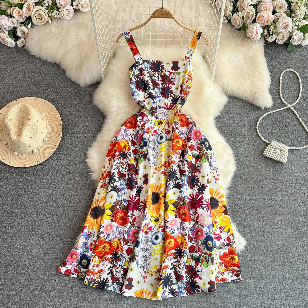 

2023 Summer Vintage Floral Printed Slip Long Dress For Women Korean Slash Neck Mid Calf Dress Chic And Elegant Women Print Dress