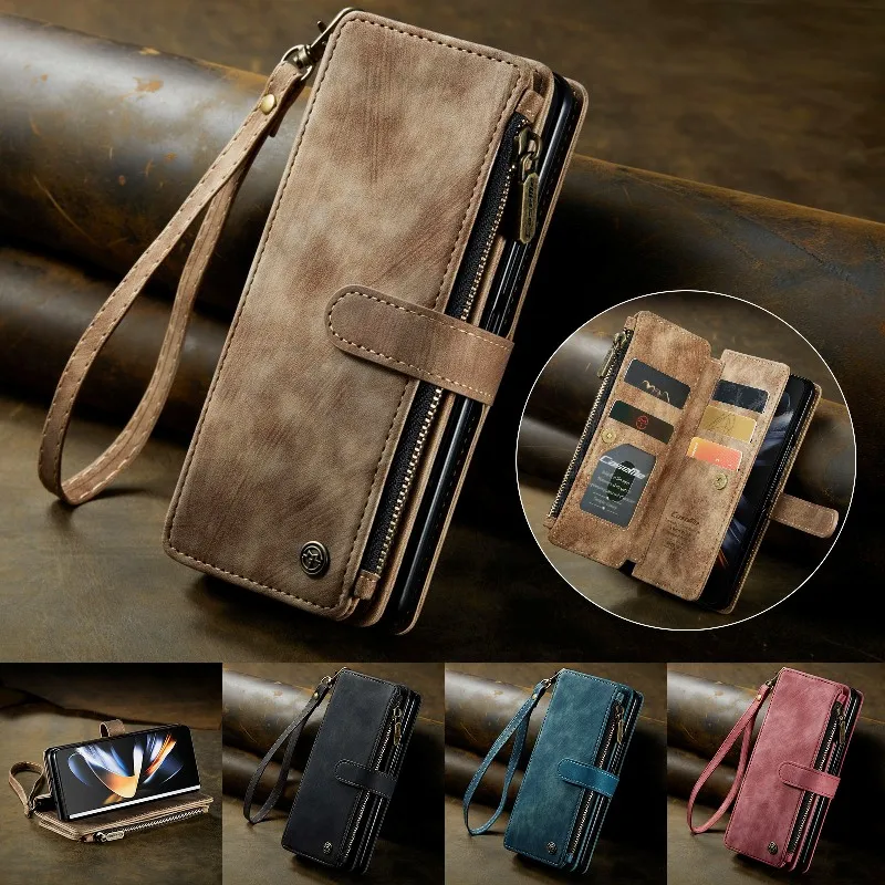 

Fashion Flip Wallet Case Cards Phone Cover For Samsung Galaxy Z Fold4/3 5G Removable Wrist Rope Retro Leather Phone Case