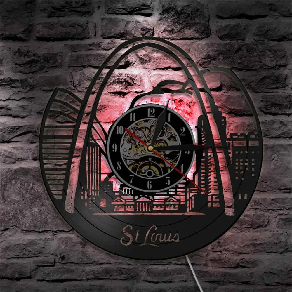 St. Louis Skyline Vinyl Record Clock Wall Decor Modern Vintage Art Room Saint Louis Cityscape Vinyl Lp Vintage Black Wall Clock