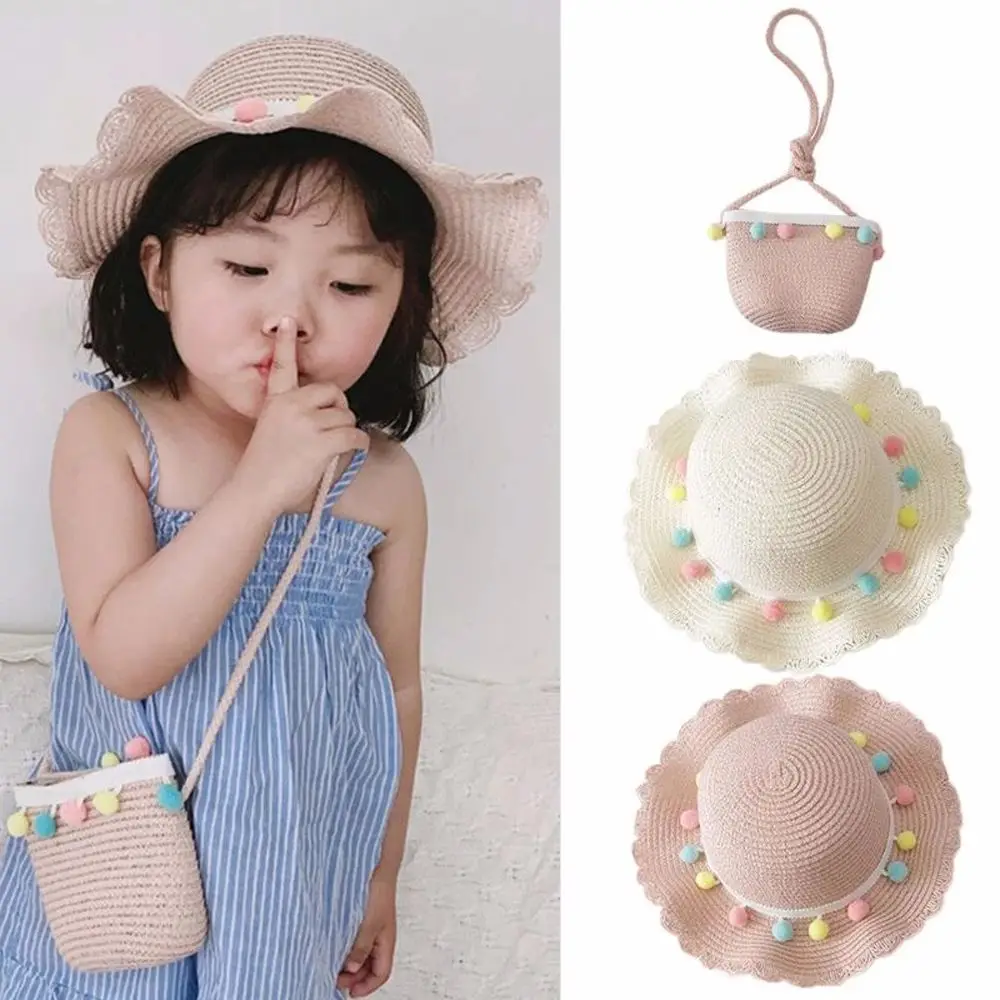 Portable Kids Pompom Ball Sun Protection Summer Straw Woven Bucket Cap