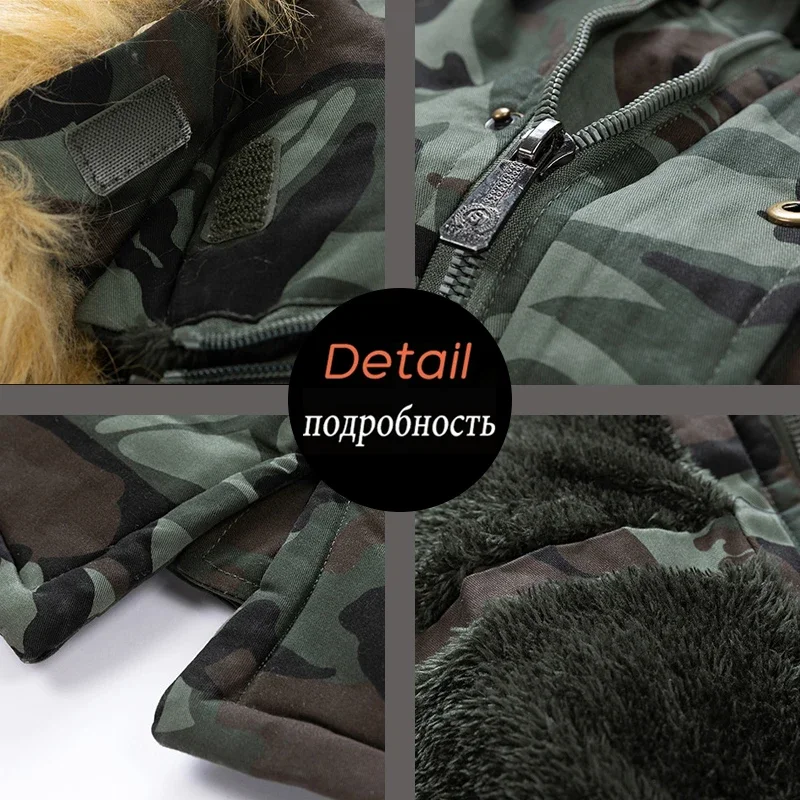 Winter Outdoor Men's Jacket Warm Hunting Camouflage Thickened Mid-Length Parker Workwear Camouflage Windproof Jacket