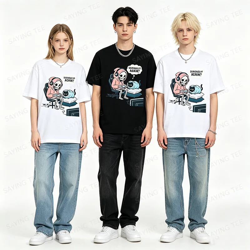 Skeleton Gaming T-Shirt mit Katzengrafik – Lustiges Gamer- & Tierliebhaber-Design, lässiges, weiches Baumwoll-Crewneck-Top für Männer und Frauen, Halloween-Kostüm