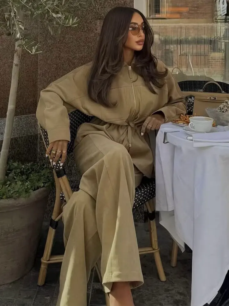 HH Women Elegant Fashion Solid Pants Sets Adjustable Belts Coat Long Sleeve Zipper Jacket Drawstring Trousers Office Lady Suits