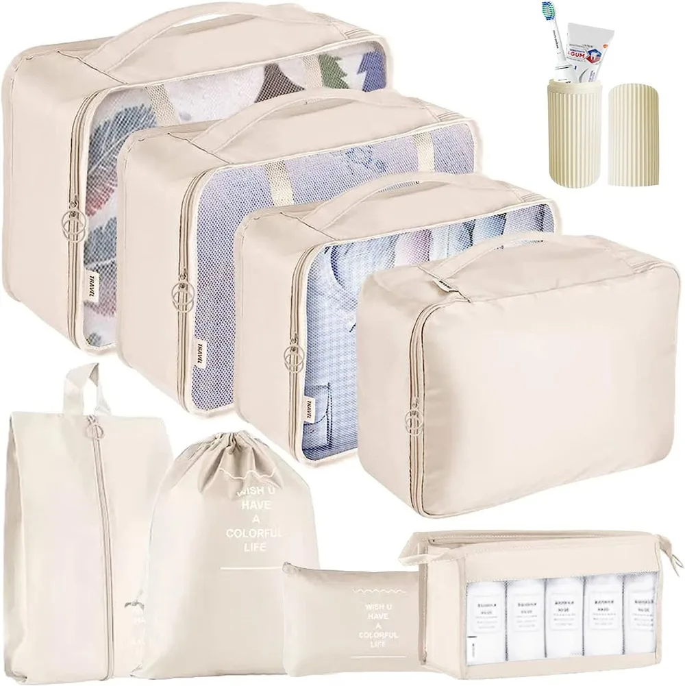 

Beige Packing Cubes Travel Luggage Organizers Set Waterproof Suitcase Organizer Bags Clothes Shoes Cosmetics Storage Bag Pouch