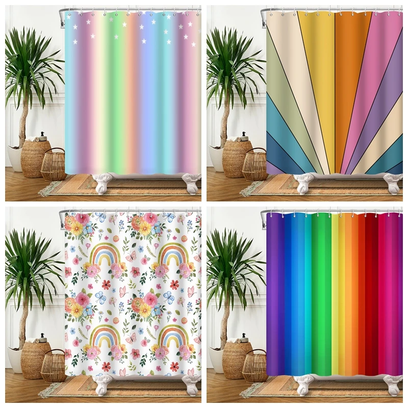 Rainbow Shower Curtain Retro Vintage Simple Waterproof Bathtub Screen