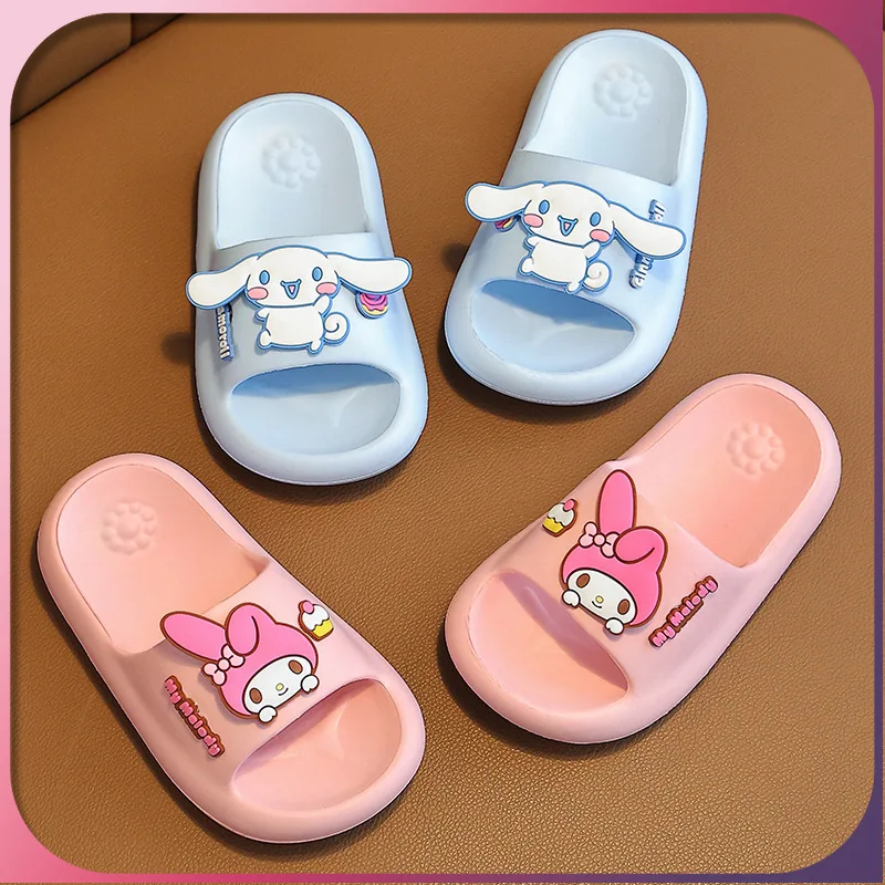 

Sanrio Kawaii Children Sandals Kuromi Mymelody Cinnamoroll Anime Slides Comfy Thick Soft Non-slip Sole Slippers gift for kids