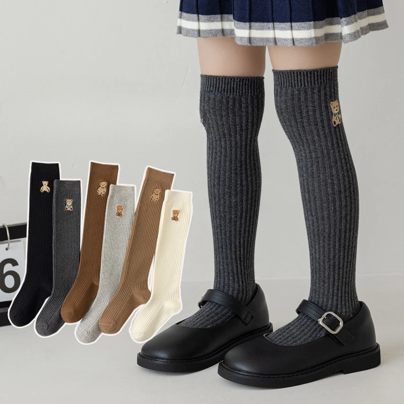 Cotton Knee High Socks for Kids Girls 1-8Y with Bear Embroidery