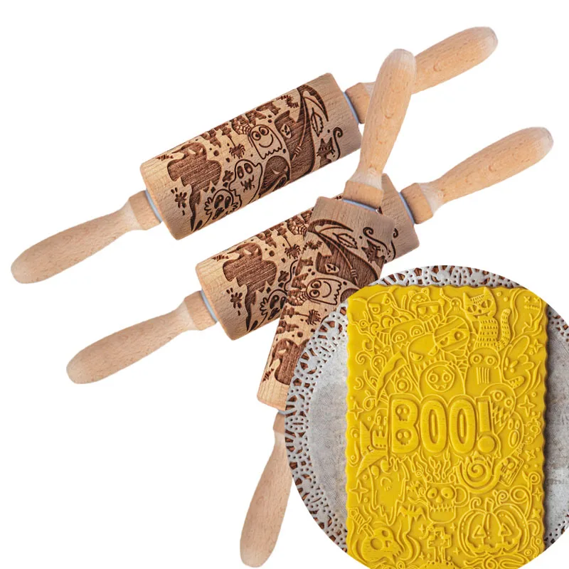 Halloween Rolling Pin Ghost Bat Pattern Wooden Baking Tool