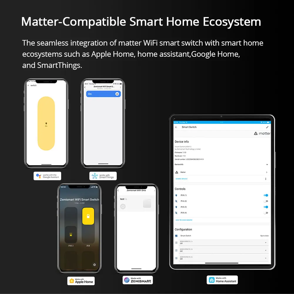 מתג שם DIY Zemismart Matter WIFi EU עם תמיכה במסך תצוגה Homekit Google Home Smartthings Home Assistant Control