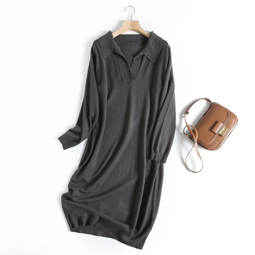 

Women 2023 Autumn New Fashion Casual Knitted dress Retro Long Sleeve Chic POLO Neck Joker Loose Sweater Long Skirt Vestidos Muje