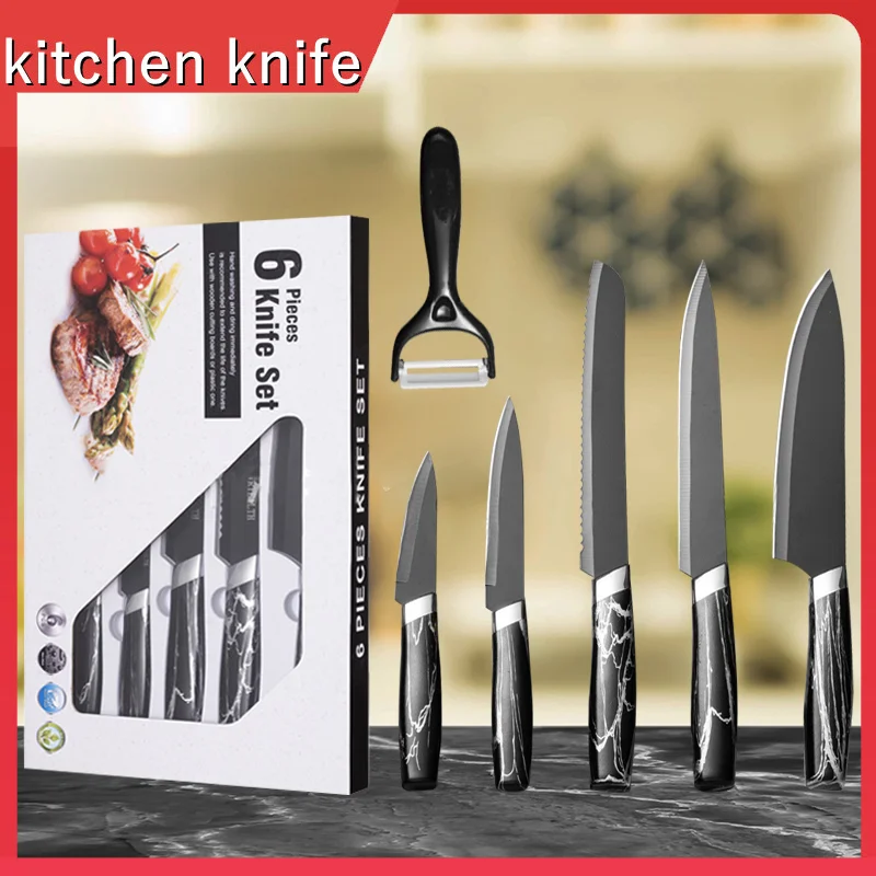 Juego de cuchillos de cocina de 6 piezas, juego de cuchillos de cocina de  mármol, juego de regalo, herramientas de Chef, cuchillo de pan, cuchillo  japonés para pelar _ - AliExpress Mobile