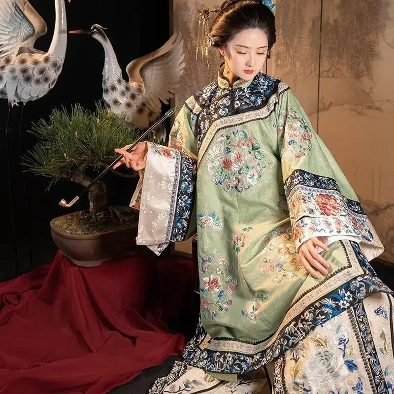 5 Color Retro Heavy Industry Antique Clothes Women Qing Dynasty Flower Printed Loose Long Sleeve Cheongsam Dress Qipao Cospaly