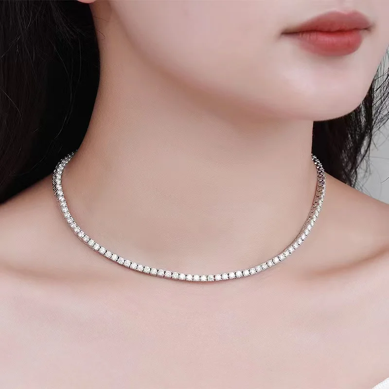 

Real 3MM Moissanite Tennis Necklace Women 925 Silver D Color VVS1 Moissanite Diamond Hiphop Chain Neclace Platinum Pass Tester