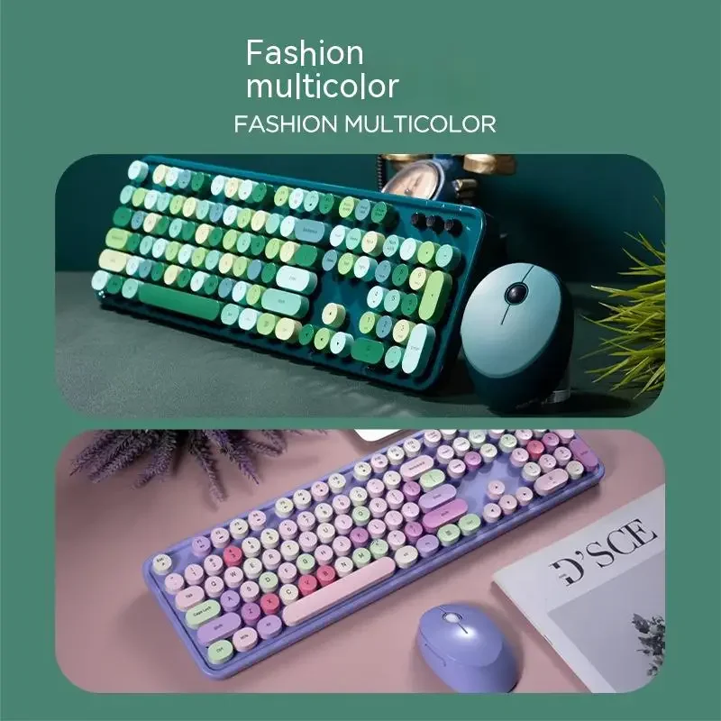 Conjunto de Teclado e Mouse sem Fio Doce para Meninas Mão Mecânica Sentir Arco-íris Retro Escritório - Imagem 2