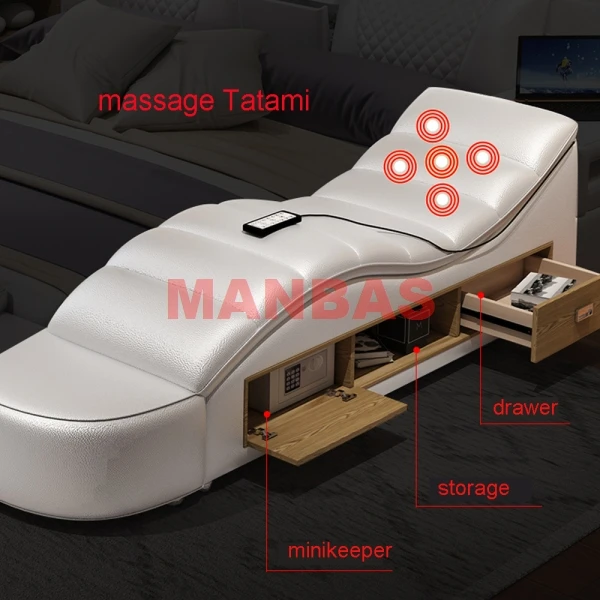 Multifunctional TATAMI Massage Genuine Leather Bed Frame King/Queen Size Tech Smart Beds Rectangle Ultimate Camas Designer Cama