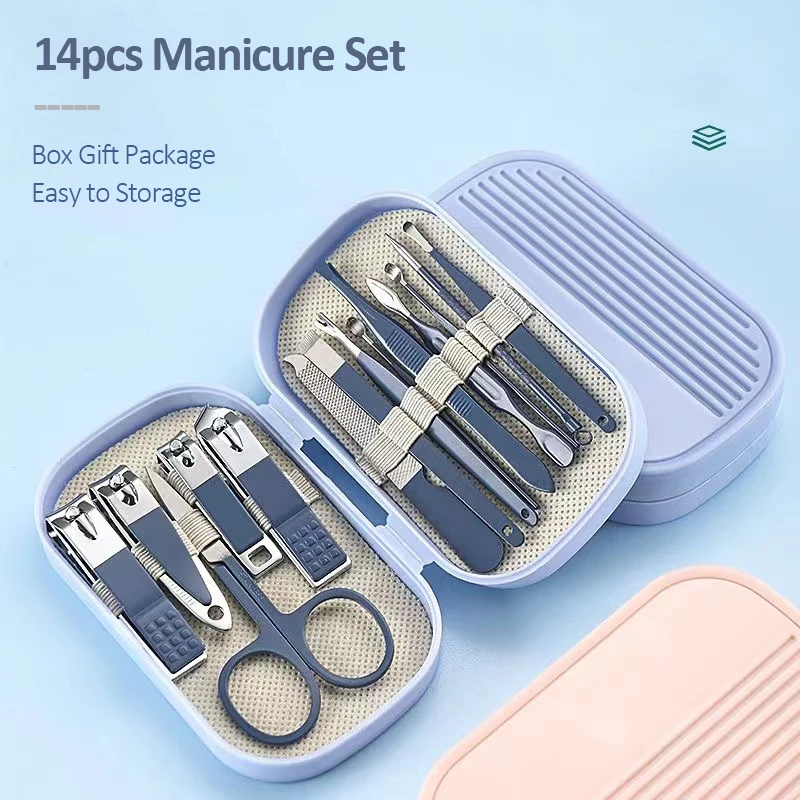 14 Piece Deluxe Manicure & Pedicure Set Pink And Blue Stainless Steel Nail Scissors, Clippers, Ear Digging Spoon for Men & Women 3