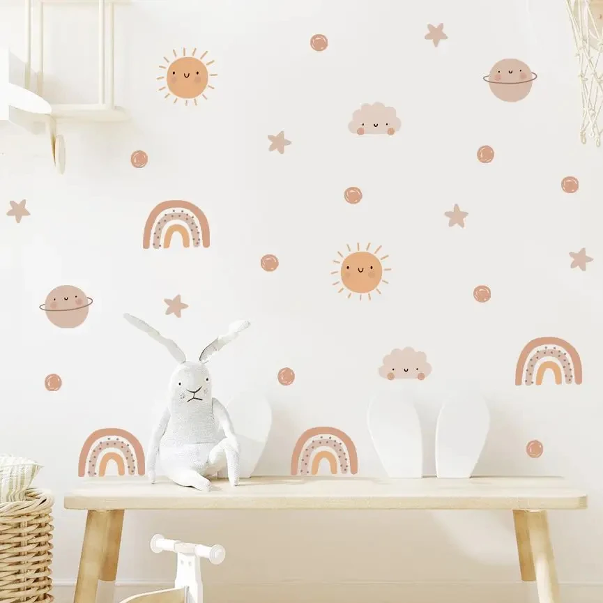Boho Cartoon Rainbows Star Funny Animal Faces Watercolor Nursery Sticker Wall Decals Kids Boys Girls Room Home Decor