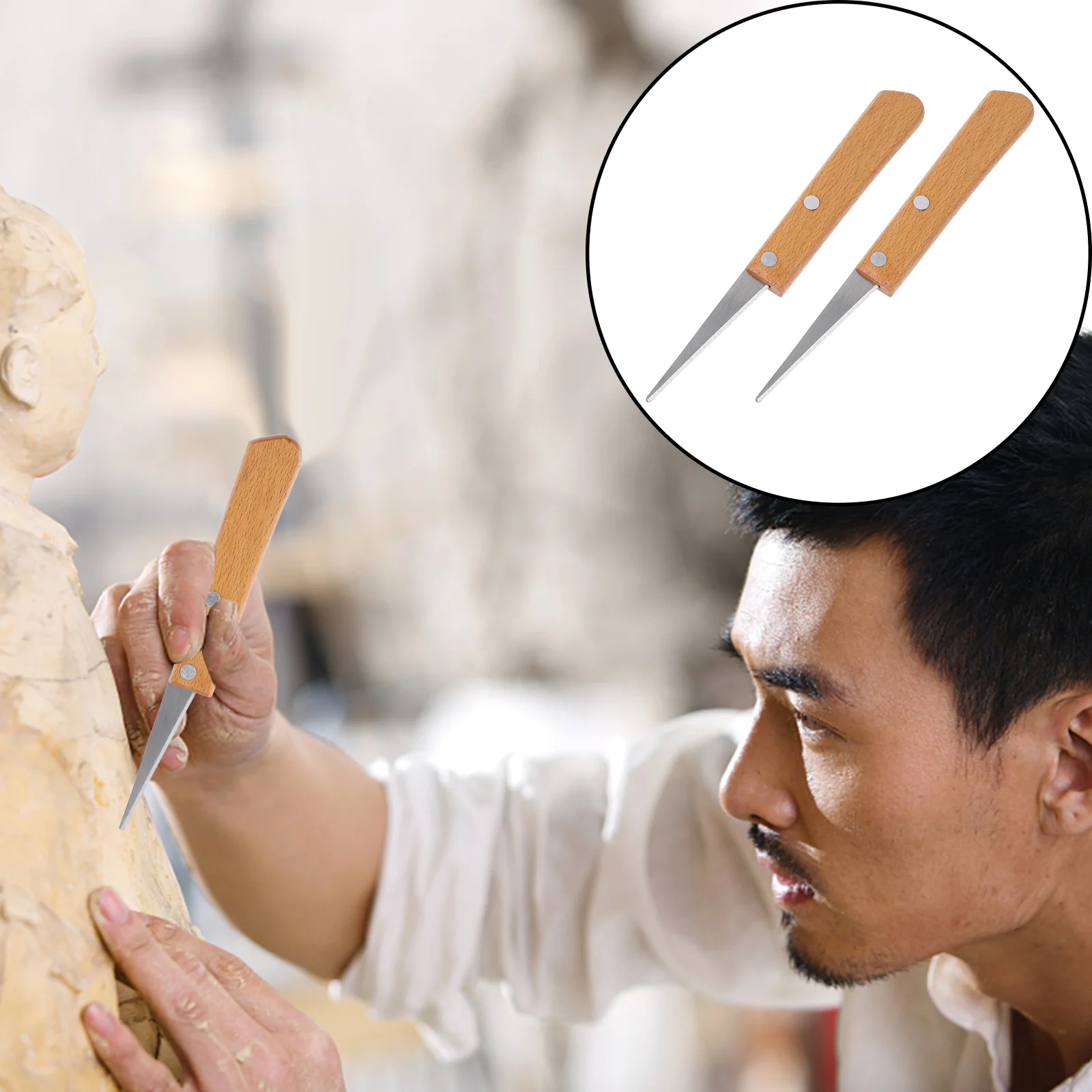 Pottery Tools Pottery Sculpting Tools Wood Carving Tools 2 Pcs Engraving Patch Knife Scraper Tools Handle Spatula Wooden Craft Pottery Fettling DIY Sculpting Face