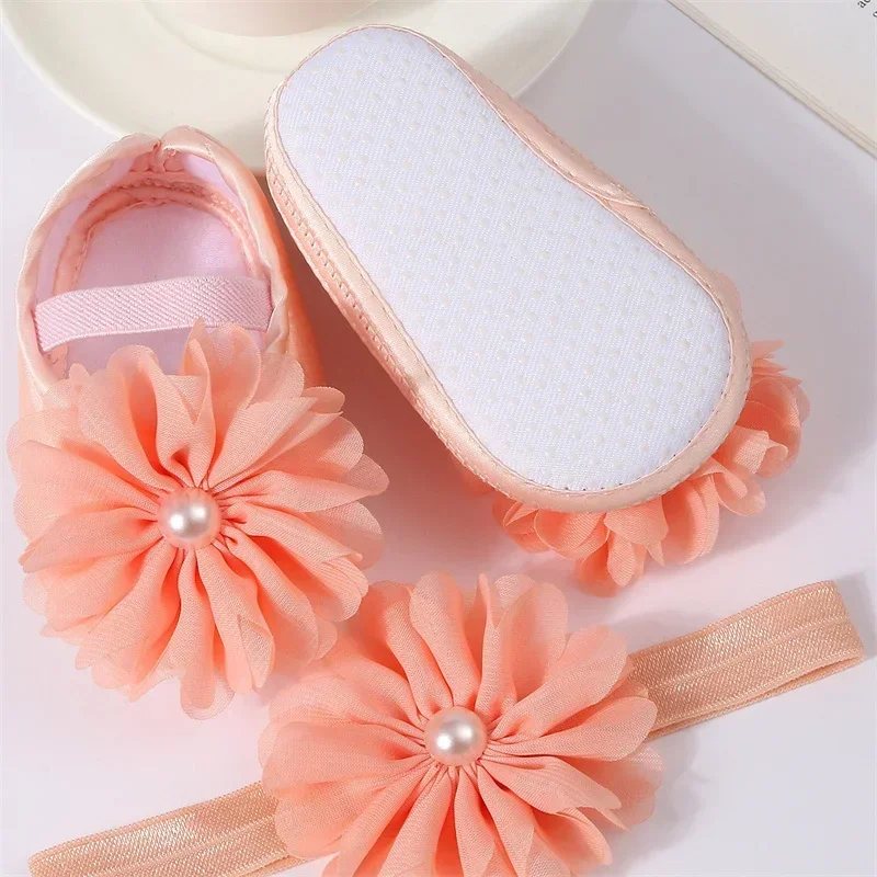 Newborn Girls Baby Shoes Party Pearl Flower Lace Baby Girl Headband Set Non Slip Cute Preschoolers Toddler Infant First Walkers 6