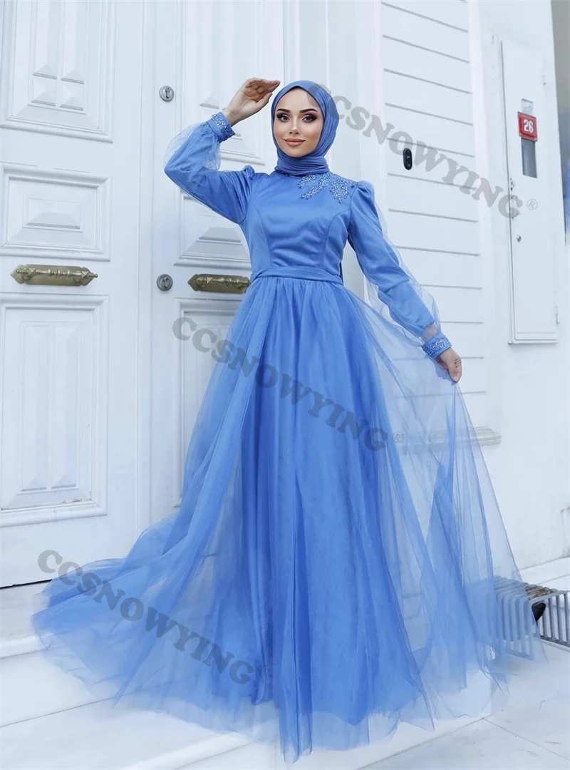 

Tiered Appliques Beaded Muslim Evening Dresses Long Sleeve Islamic Formal Party Gowns High Neck Women Arabic Robes De Soirée