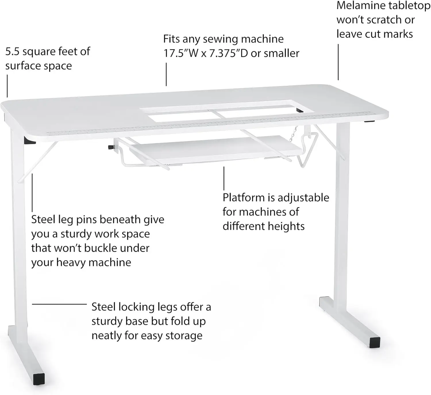 601 Gidget I Sew-Much-More Folding Sewing, Cutting, Quilting, and Craft Table, Portable with Lift, White