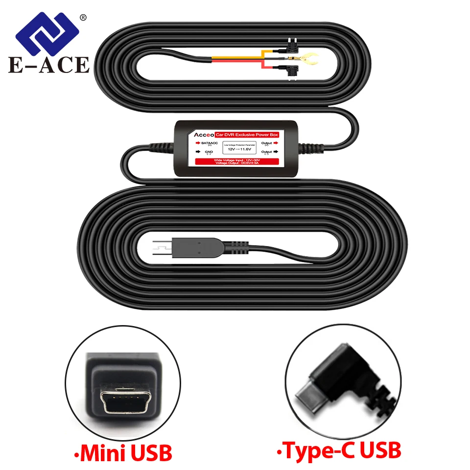 Buck Line Mini USB Type-C Car Charger Wire Kit 3.5 Meters E-ACE for Dash Cam Reaview Mirror 24H Parking Monitoring