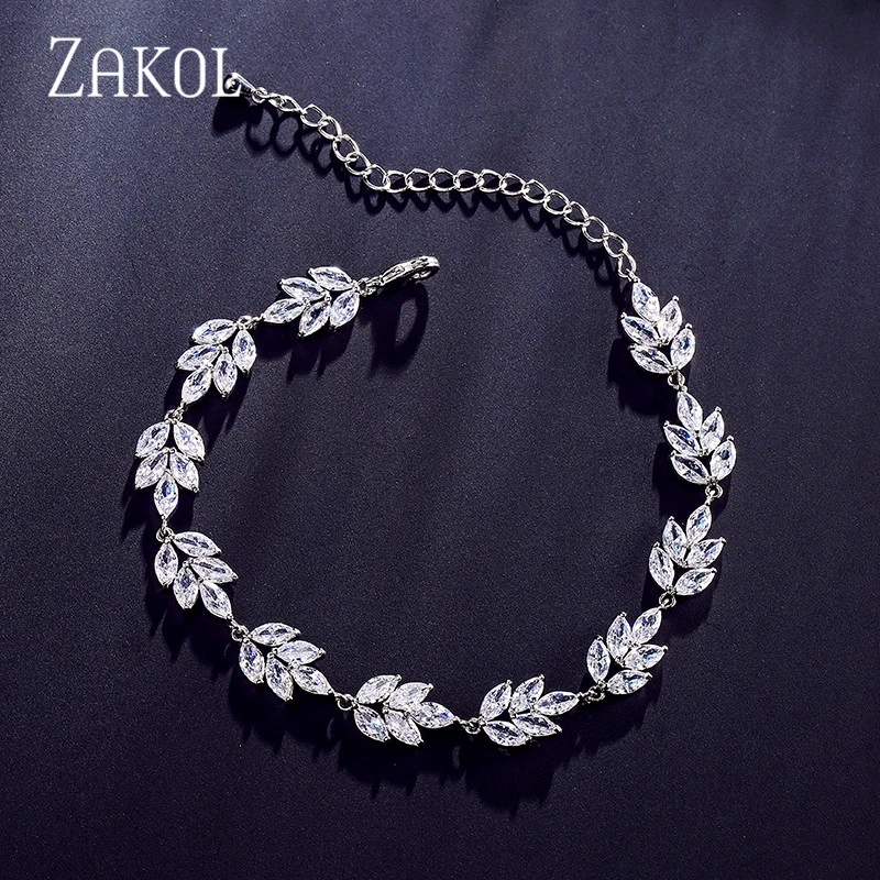 ZAKOL pulsera de cadena de hojas de circonia cúbica blanca brillante para mujer, brazalete de lujo de alta calidad, de cristal para boda, BP2117|Brazaletes de cadena y AliExpress