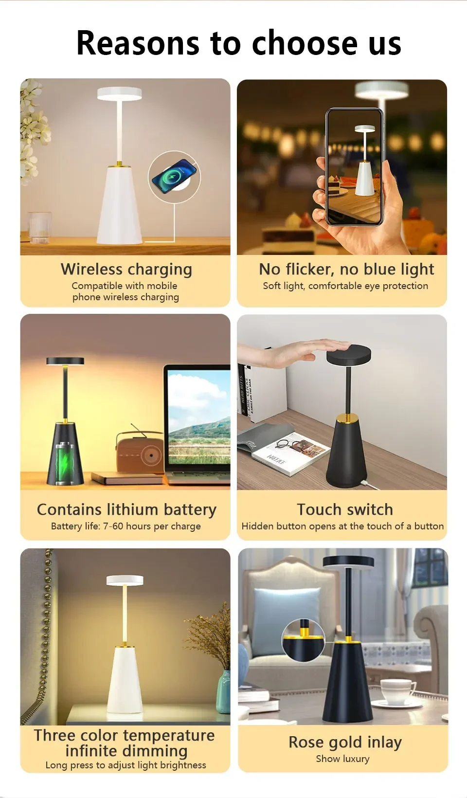 Description Picture 3 of itemRechargeable Metal LED Table Lamp Wireless Charging Desk Lamp Touch Sensor Bar Office Bedside Ambient Light 3 Colors Dimmable