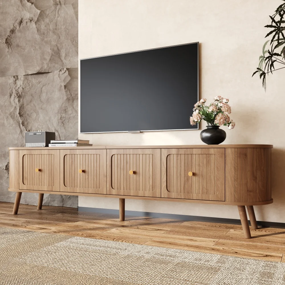 TV-Schrank aus Walnussholz mit 4 Schranktüren, Goldenen Griffen, Holzbeinen und TV-Panel in Einzigartigem Design – Detail 33
