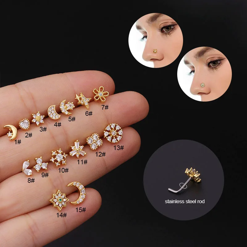 1pc Moon Flower Nose Stud Zircon Nose Ring L Shape Stainless Steel