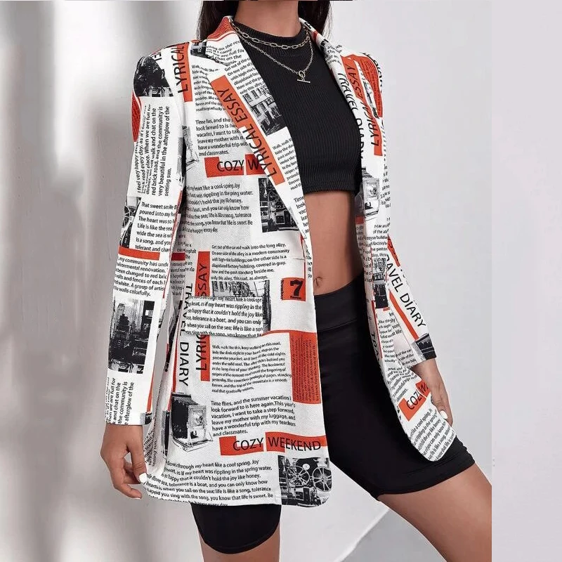NewspaperPrintHipHopLooseBlazerWomenJacketsStreetwearFashion