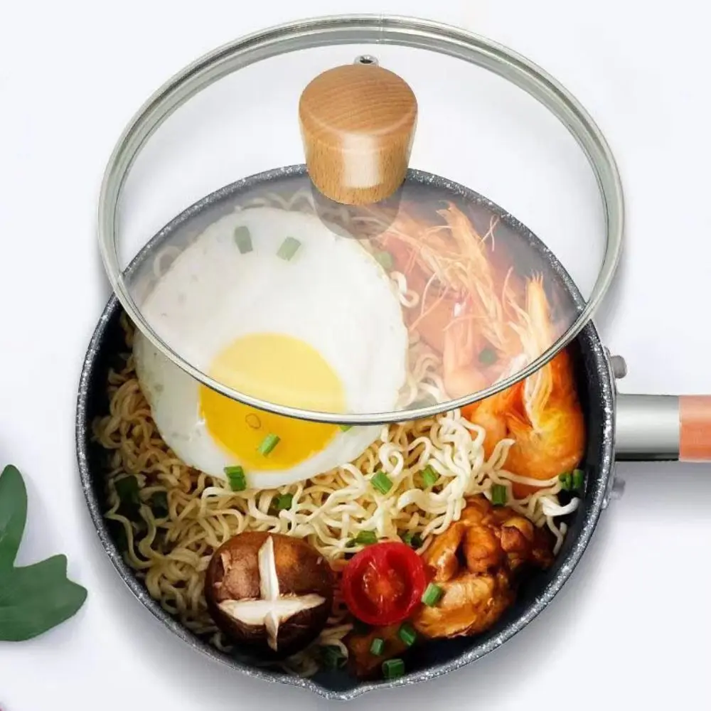Cookware Non-Stick Milk Pot with Lid and Pour Spout Wood Handle Soup Pot Flat Bottom Japanese Style Cooking Saucepan Noodles