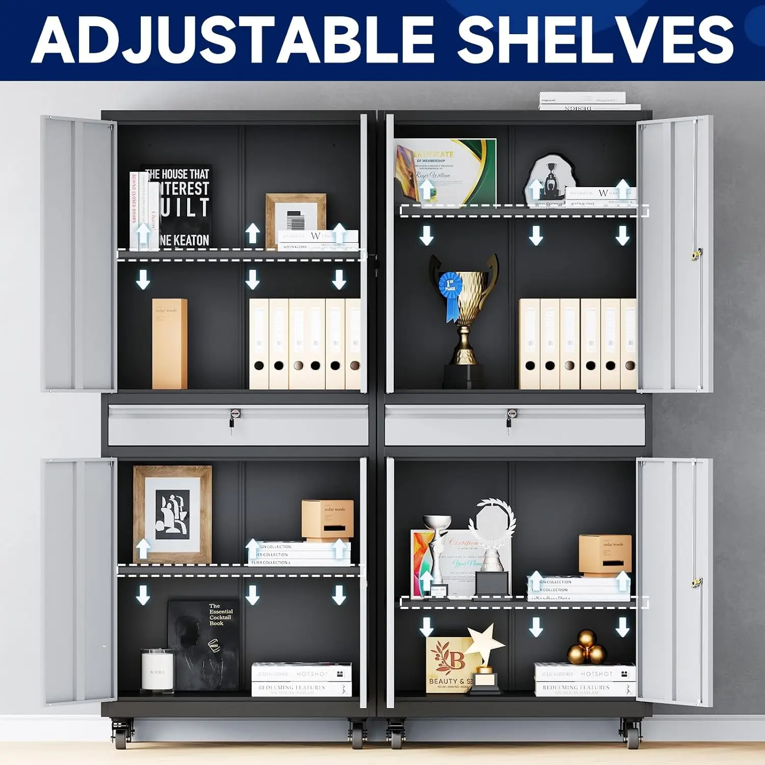 Metal Garage Storage Cabinet with Locking Doors and Adjustable Shelves, Rolling Tool Storage Cabinet with 4 Wheels and 1 Drawer 4