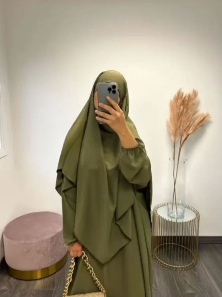 Abaya with Khimar Long Hijab Jilbab 2 Piece Set Matching Muslim Dress Women Ramadan Eid Prayer Garment Niqab Islam Dubai Burqa
