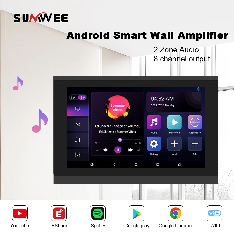 7 Inch Smart Home Background Music Player Stereo Sound WIFI Touch Screen 2 zone Audio Android Bluetooths Wall Amplifier systems