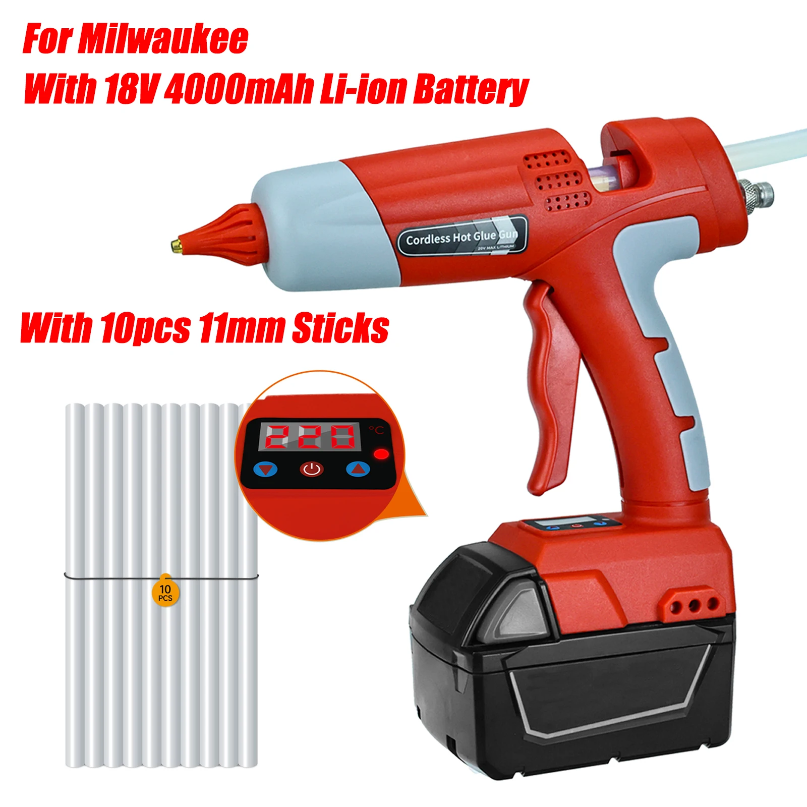 

100W Cordless Hot Melt Glue Gun with 18V 4000mAh Battery and 10 Glue Sticks Repair DIY Tool Set for Milwaukee Li-ion Battery