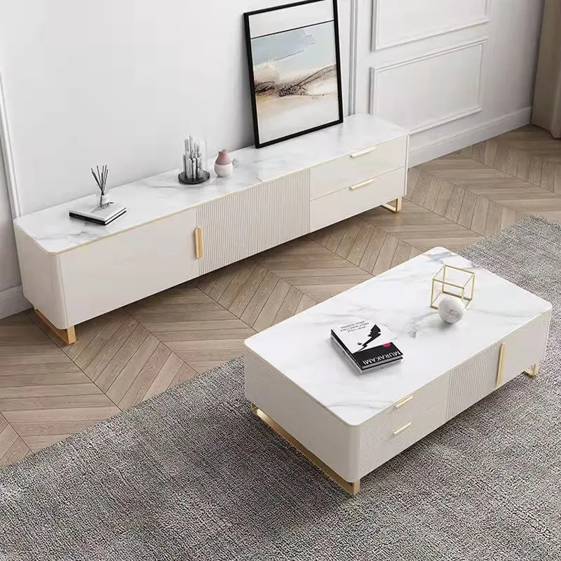 ATUNUS Living Room Furniture Elegant High End Gold White Stainless Steel Frame TV Stand And Coffee Table With Drawer For Home