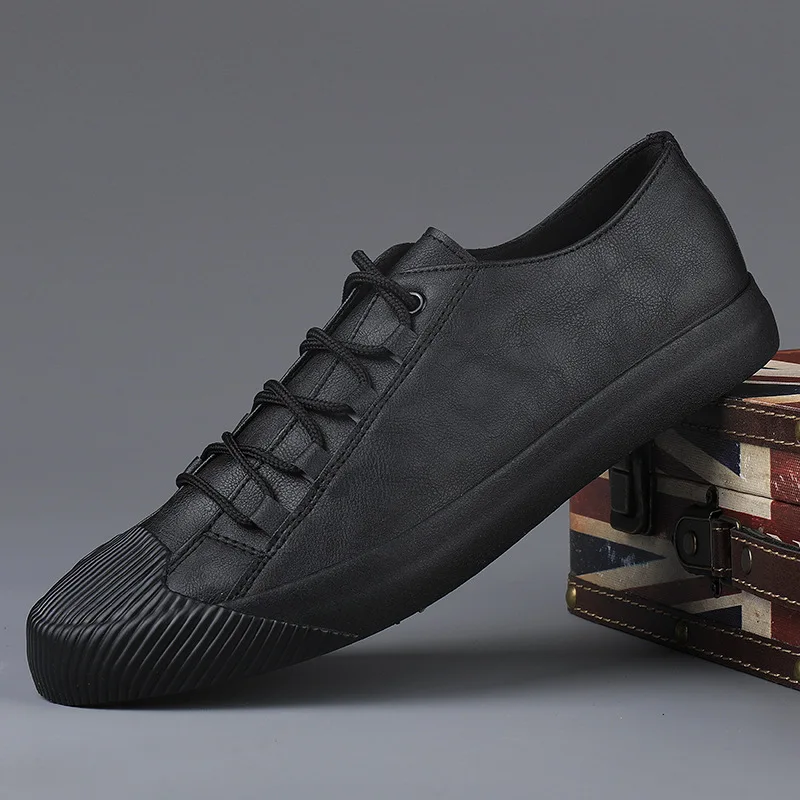 Luxury Low Top Men Vulcanize Shoes 2023 Autumn New Leather Casual Shoes Korean Breathable Black Lace-up Sneaker Shoes