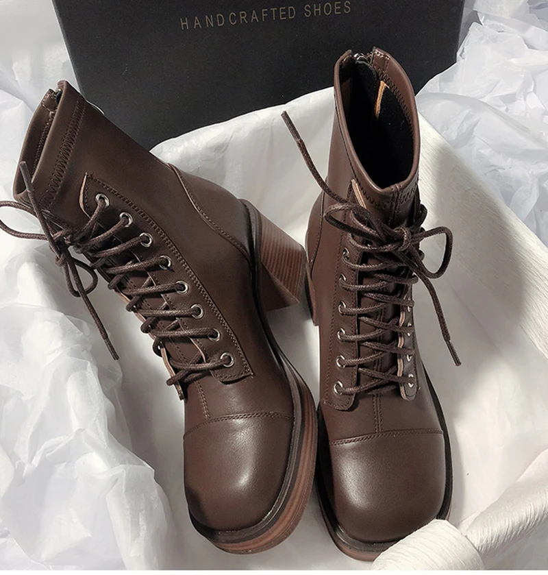 New Leather Ankle Boot For Women Motor Boot Retro Lace-up High Heels Shoes Woman Short Boot Square Toe Footwear 34-40