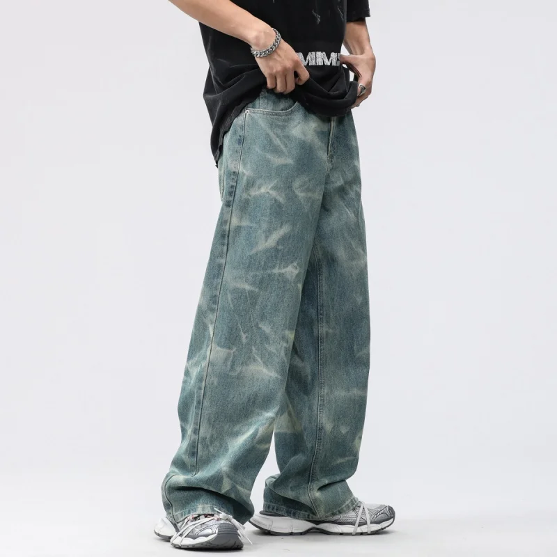 High-end Korean version of the personality of washed ripple vintage blue men's jeans wide-legged casual loose straight jeans