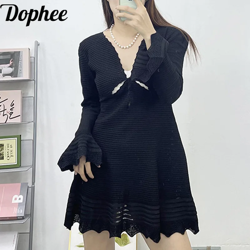 

Женское трикотажное платье-трапеция Dophee, черное Элегантное трикотажное платье с V-образным вырезом и расклешенными рукавами, весна-лето 2024