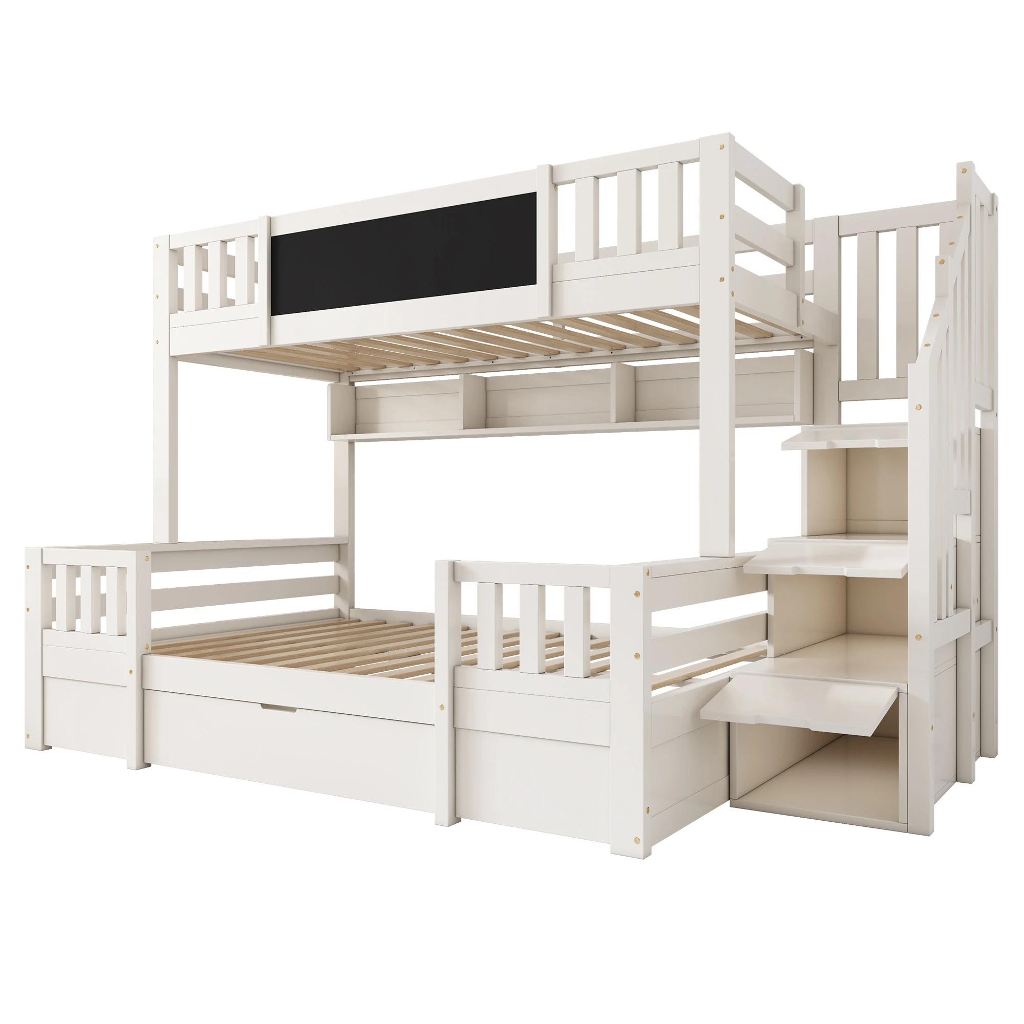 Etagenbett für 3 Kinder, Größen 90x200 & 140x200, Massivholz mit Tafel, Stauraumtreppe, Schubladen und Loft-Design. – Detail 20