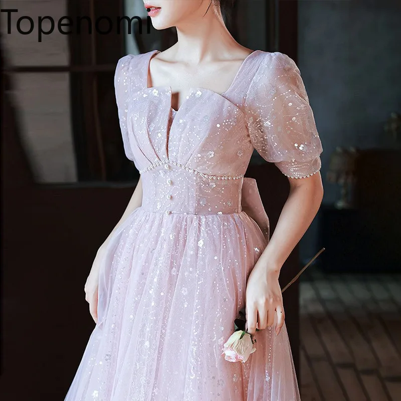 

Topenomi Pink Beading Sequins Tulle Evening Dress Women 2024 New Luxury High Waist Puff Sleeve Temperament Prom Formal Gown Robe