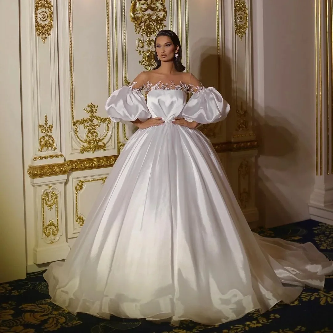 

2024 New Unique 2 Piece Women Wedding Dress Sheer O-Neck Long Sleeve Lace Appliques A-Line Satin Bridal Gown Princess Ball Gown