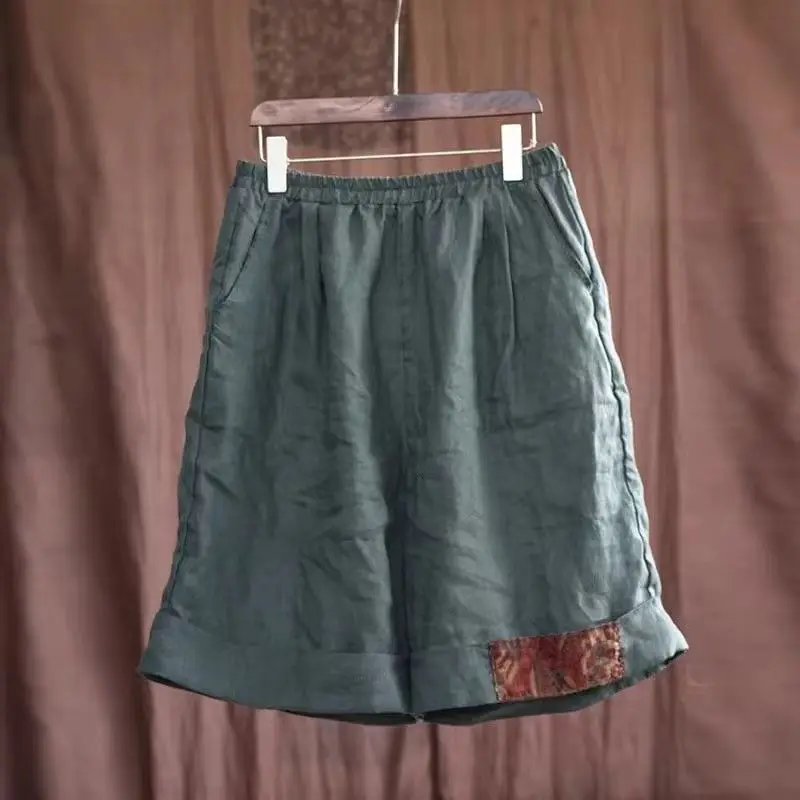 Chinese Style Summer Women's 2024 New Patchwork Elasticized High-waisted Pocket Solid Minimalist Comfortable Loose Casual Shorts