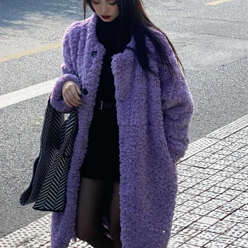 2023 winter long over the knee thicken warm women outcoat fashion hooded faux fur coat loose casual korean style fashion outwear 2023 New Women Faux Fur Coat Mid Length Version Over-the-Knee Outwear Loose Thick Warm Parkas Fashion Casual Round Neck Outcoat