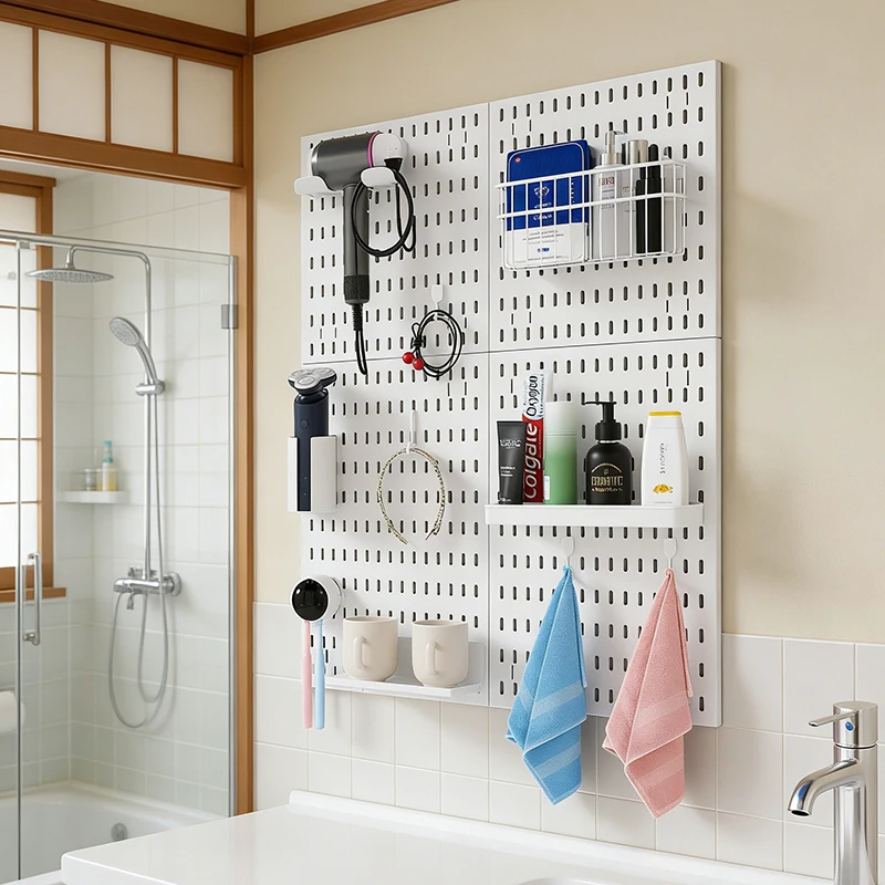 แผ่นเพ็กบอร์ดห้องน้ำ DIY สุดสร้างสรรค์ – ชั้นวางติดผนังแบบไม่ต้องเจาะ สำหรับอ่างล้างหน้า เครื่องสำอาง และอุปกรณ์ในห้องน้ำ ทันสมัยและใช้งานได้จริง 1