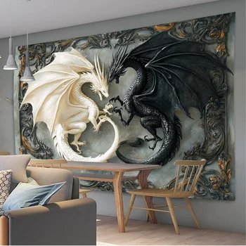 🐉 Black & White Dragon Tapestry – Stunning Polyester Wall Hanging 1