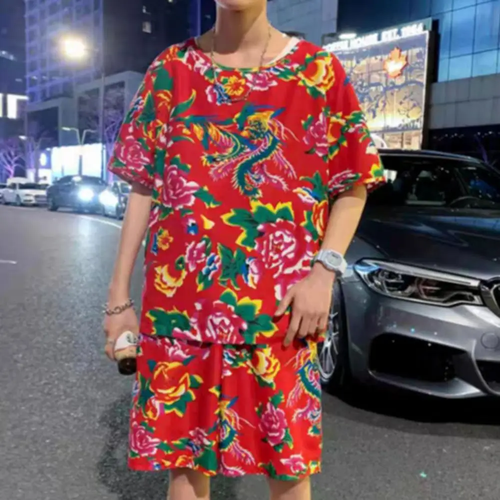 Retro Print Pajama Set Chinese Ethnic Style Men's Floral Print Outfit Set with O-neck Short Sleeve Top Wide Leg Shorts for A